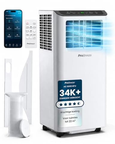 Pro Breeze 4-in-1 draagbare airconditioner 9000 BTU - compatibel met Smart Home WiFi - 24-uurs timer & raam ventilatieset meegeleverd. Krachtige airconditioner met energie-efficiëntieklasse A