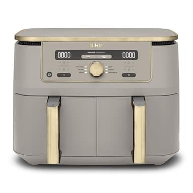Ninja MAX Dual Zone digitale airfryer, 2 lades, 9.5L, 6-in-1, gebruikt geen olie, Airfryen, Max Crisp, Braden, Bakken, Opwarmen, Drogen, antiaanbaklaag, manden voor vaatwasser, Steengoud, DZ400EUSTGD