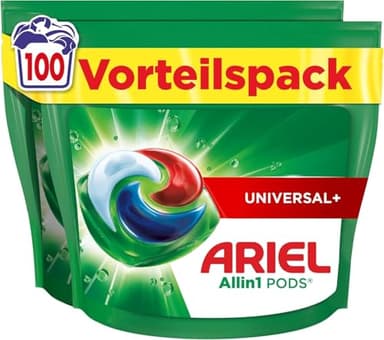 Ariel Wasmiddel Pods All-in-1, vloeibare wasmiddelcapsules 100 wasbeurten, Universal+, krachtige vlekkenverwijdering vanaf de 1e wasbeurt