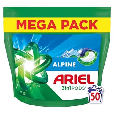 Ariel 3in1 PODS, Wasmiddelcapsules 50 Wasbeurten, Alpine, Uitstekende vlekverwijdering in 1 wasbeurt, snelle oplossing, zelfs bij koude temperaturen