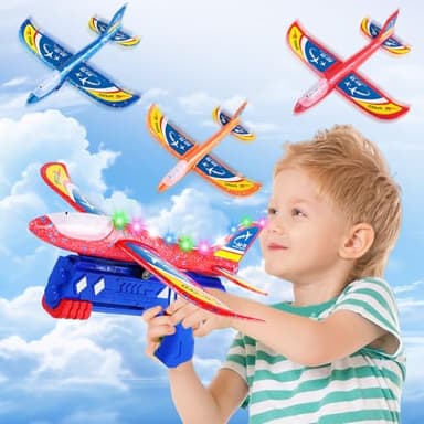 Vliegtuigspeelgoed, Foam Zweefvliegtuig,3 Pack Led Vliegtuig Launcher Met Katapult Pistool, Piepschuimvliegtuig, Afschietpistool, Kinderspeelgoed, Meisjes 3, 4, 5, 6, 7, 8, 9, 10 Jaar