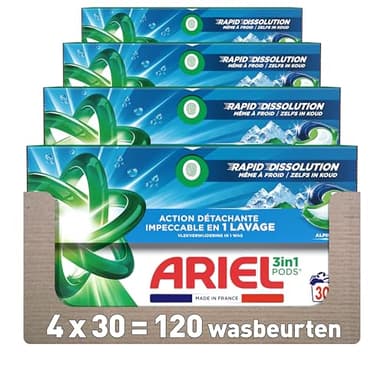 Ariel 3in1 PODS, Wasmiddelcapsules 4 x 30 Wasbeurten, Alpine, Uitstekende vlekverwijdering in 1 wasbeurt, snelle oplossing, zelfs bij koude temperaturen