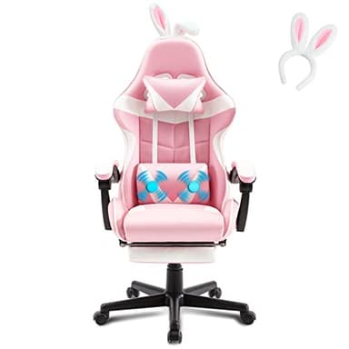 Soontrans Gaming stoel massage, stoel met voetensteun, hoofdsteun, lendenkussen en haarband, gevoerde armleuningen, ergonomisch voor gamers, YouTube Livestreaming Xbox (roze)