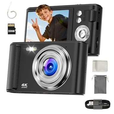 ZAZYZIA Digitale Camera 4K 48MP - Compacte Mini Camera met 16x Optische Zoom en Autofocus voor Kinderen en Beginners - Inclusief 32GB SD-kaart en 1000mAh Batterij - Zwart