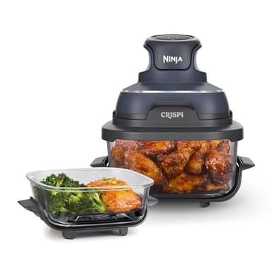 Ninja CRISPi Draagbare Airfryer, 3,8 L, 4-in-1: Airfry, Braden, Warmhouden, Krokant Opwarmen, Ruimtebesparend Compact Design, 2 Uitneembare Glazen Schalen & Deksels, 1700 W, Grijs FN101EUGY
