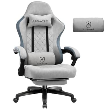 GTPLAYER Gamingstoel, stof, gamingstoel met pocketveringkussen, ergonomische draaistoel, gamingstoel met voetensteun, 150 kg belastbaarheid, grijs
