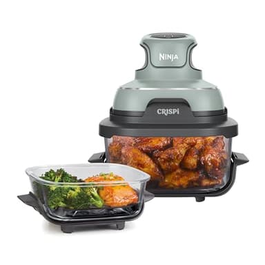Ninja CRISPi Draagbare Airfryer, 3,8 L, 4-in-1: Airfry, Braden, Warmhouden, Krokant Opwarmen, Ruimtebesparend Compact Design, 2 Uitneembare Glazen Schalen & Deksels, 1700 W, Salie FN101EUSG