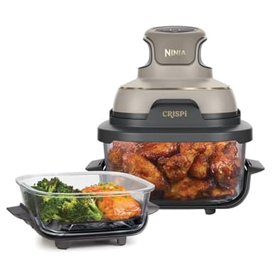 Ninja CRISPi Draagbare Airfryer, 3,8 L, 4-in-1: Airfry, Braden, Warmhouden, Krokant Opwarmen, Ruimtebesparend Compact Design, 2 Uitneembare Glazen Schalen & Deksels, Steengouden kleur FN101EUSTGD