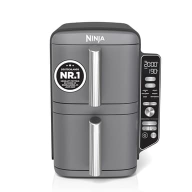 Ninja Double Stack XL Air Fryer, Verticale Dubbele Lade, 4 Kookniveaus, 2 Laden en 2 Rekken, Ruimtebesparend Ontwerp, 9,5L Capaciteit, 6 Functies, 8 Porties, Grijs SL400EU