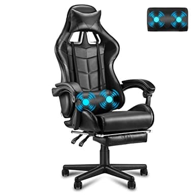 Soontrans Gaming Stoel Massage, Gaming Stoel met Voetensteun & Hoofdsteun & Massage-Lendenkussen, Gevoerde Armleuningen, Ergonomische Gaming Stoel voor Gamers YouTube Livestreaming Xbox (Zwart)