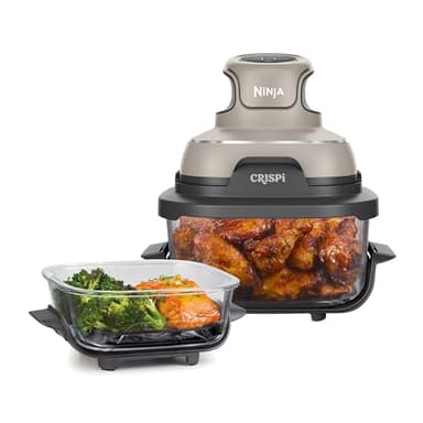 Ninja CRISPi Draagbare Airfryer, 3,8 L, 4-in-1: Airfry, Braden, Warmhouden, Krokant Opwarmen, Ruimtebesparend Compact Design, 2 Uitneembare Glazen Schalen & Deksels, 1700 W, Steen FN101EUST