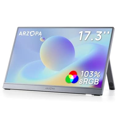 ARZOPA 17.3" Draagbare Monitor Grijs, 1080P FHD 103% sRGB IPS Portable Gaming Monitor voor Laptop met Ingebouwde Standaard HDMI USB C Extern Scherm voor PC Mac Telefoon Xbox PS5 - Z1C Plus