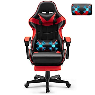 Soontrans Gaming stoel massage, gamingstoel met voetensteun, hoofdsteun & lendenkussen met massages, gevoerde armleuningen, ergonomische gamingstoel voor gamers, YouTube, livestreaming, Xbox (rood)