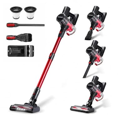 Draadloze Steelstofzuiger 4-in-1, 49 Min Autonomie, HEPA-Filter, LED-Verlichting, 2 Zuigstanden, Lichtgewicht en Klitvrije Borstel, voor Tapijten, Harde Vloeren en Dierenharen, Rood (Rood & Grijs)