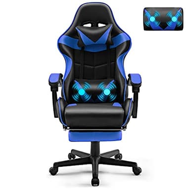 Soontrans Gaming Stoel Massage, Gamingstoel met Voetensteun, Hoofdsteun & Lendenkussen, Gevoerde Armleuningen, Ergonomische Gamingstoel voor Gamers, YouTube, Livestreaming, Xbox (Blauw)
