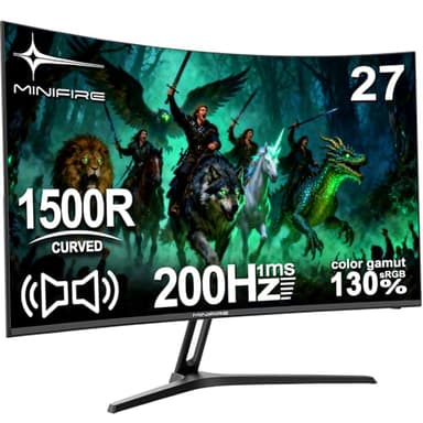 Minifire Gaming-monitor 27 inch Curved - 200Hz, 1ms responstijd, VA-paneel met 130% sRGB, geïntegreerde luidspreker, 1920x1080 Full HD, Adaptive Sync, voor PS5/PC Gaming, inclusief HDMI-kabel (MFG27C1