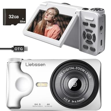 Liebssen 4K digitale camera met 180° inklapbaar display, ideaal voor vlogging, autofocus, time-lapse-functie en slow motion, ingebouwde flits, 32 GB kaart, draagbare camera
