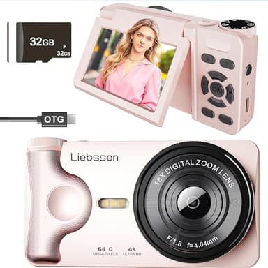 Liebssen 4K digitale camera met 180° inklapbaar display, ideaal voor vlogging, autofocus, time-lapse-functie en slow motion, ingebouwde flits, 32 GB kaart, draagbare camera