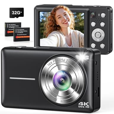 Digitale camera 4K 64MP fotocamera fototoestel dubbele camera met autofocus, flits, 16x zoom, anti-shake, 32GB kaart, compacte vlogging camera voor kinderen en jongeren, volwassenen, beginners(zwart)