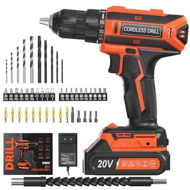 VIWKO Accuschroevendraaier, 20 V accuboormachine, 25 + 1 draaimomentniveaus, accuboormachine, 42 Nm maximaal draaimoment, ledlicht, 56-delige set accuschroevendraaiers voor onderhoudswerkzaamheden en