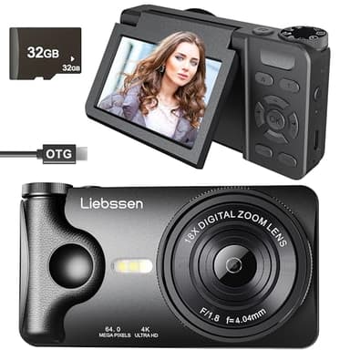 Liebssen 4K digitale camera met 180° inklapbaar display, ideaal voor vlogging, klap- en time-lapse-functies en slow motion, 32 GB kaart, draagbare camera voor fotografie en video